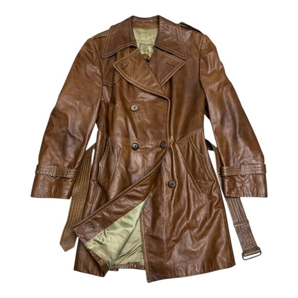 VINTAGE LEATHER Cortefiel Retro Long Luxury Leather Trench Coat Mens 42 - Picture 1 of 9